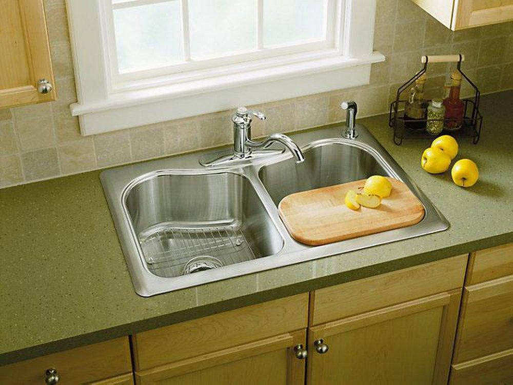 KOHLER Stainless Steel 33 x 22 in. Stainless Steel Double Bowl Drop-in Kitchen Sink with Sound Dampening 