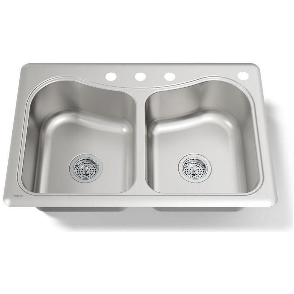 KOHLER Stainless Steel 33 x 22 in. Stainless Steel Double Bowl Drop-in Kitchen Sink with Sound Dampening 