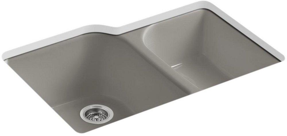 KOHLER Cashmere 33 x 22 in. 4 Hole Cast Iron Double Bowl Undermount Kitchen Sink 