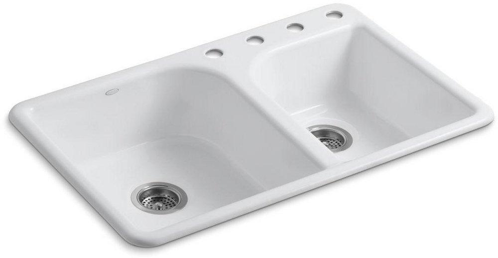 KOHLER White 33 x 22 in. 4 Hole Cast Iron Double Bowl Drop-in Kitchen Sink 