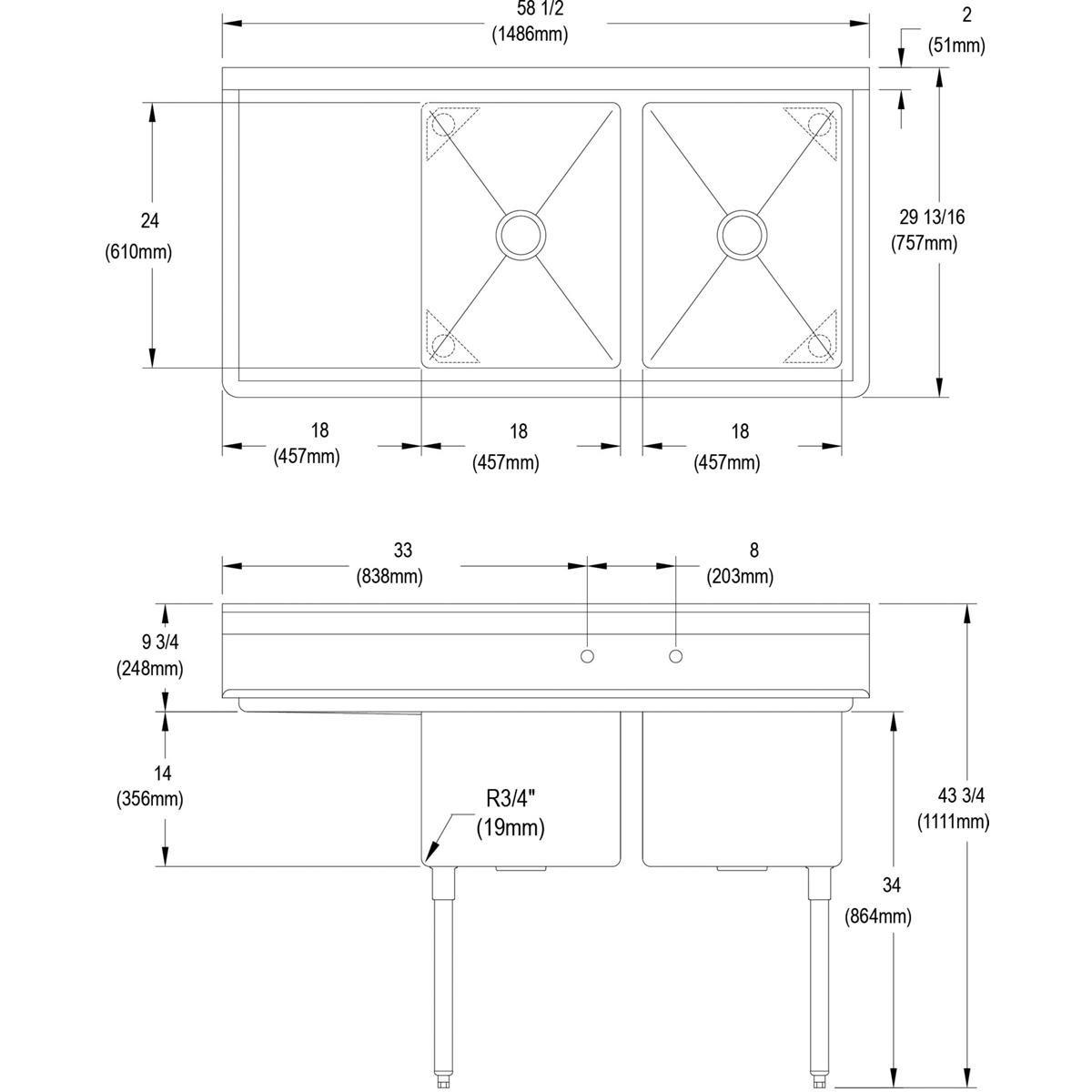 25 X 22 4 Hole SR Stainless Steel CLIP SINK 
