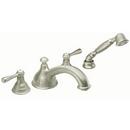 4-Hole Low Arc Roman Tub Faucet with Double Lever Handle and Hand Shower in Brushed Nickel