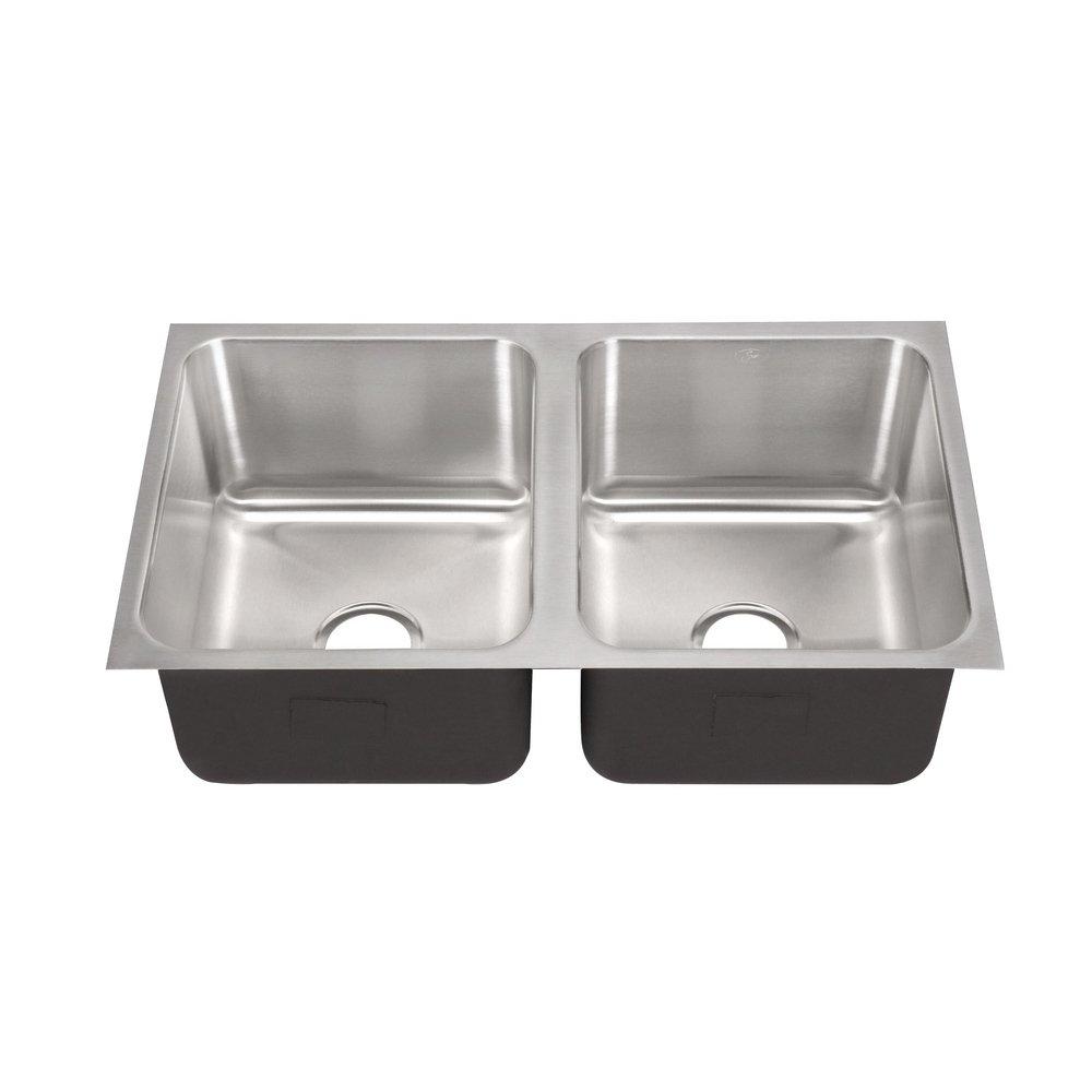 Just Manufacturing Brushed Steel 32 x 18 in. No Hole Stainless Steel Double Bowl Undermount Kitchen Sink 