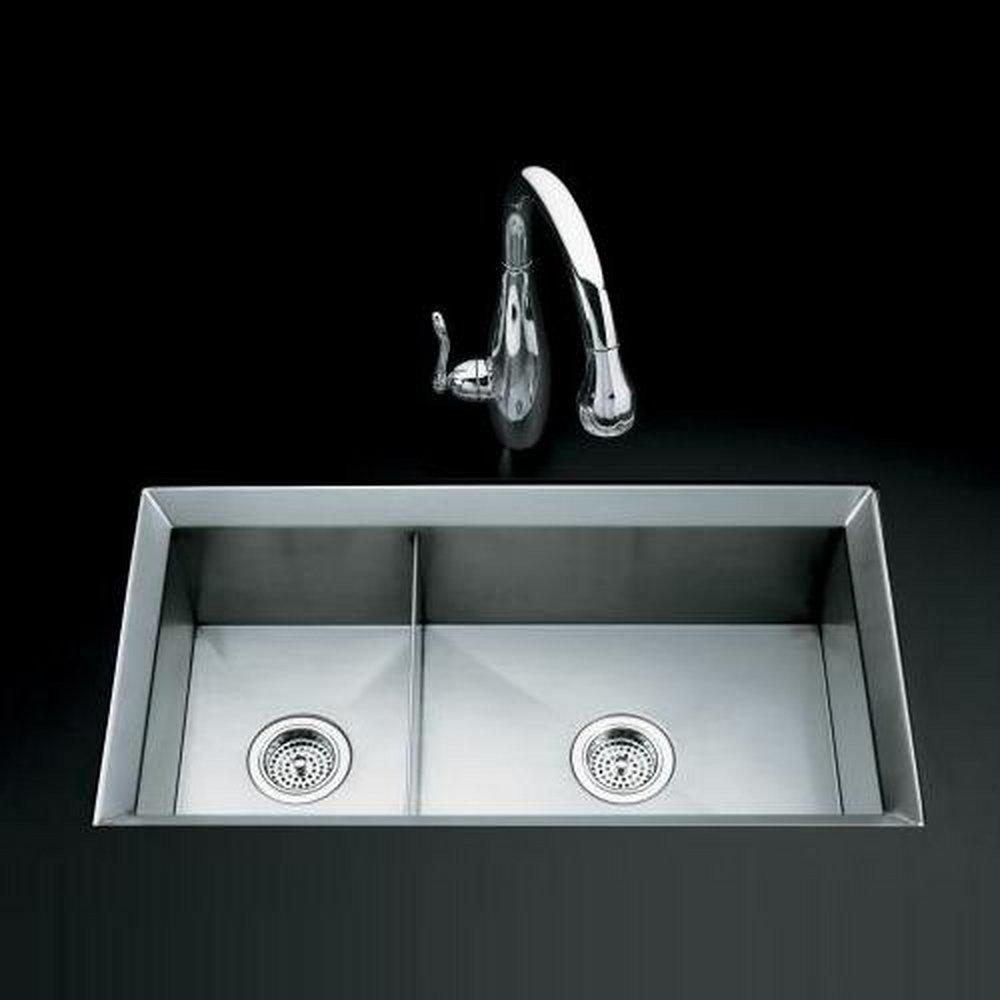 KOHLER Stainless Steel Double Bowl Undermount Large or Medium Kitchen Sink, Includes Cutting Board and Bottom Bowl Rack 