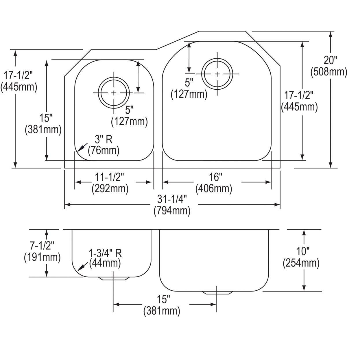 Elkay Lustrous Satin 31-1/4 x 20 in. No Hole Stainless Steel Double Bowl Undermount Kitchen Sink 