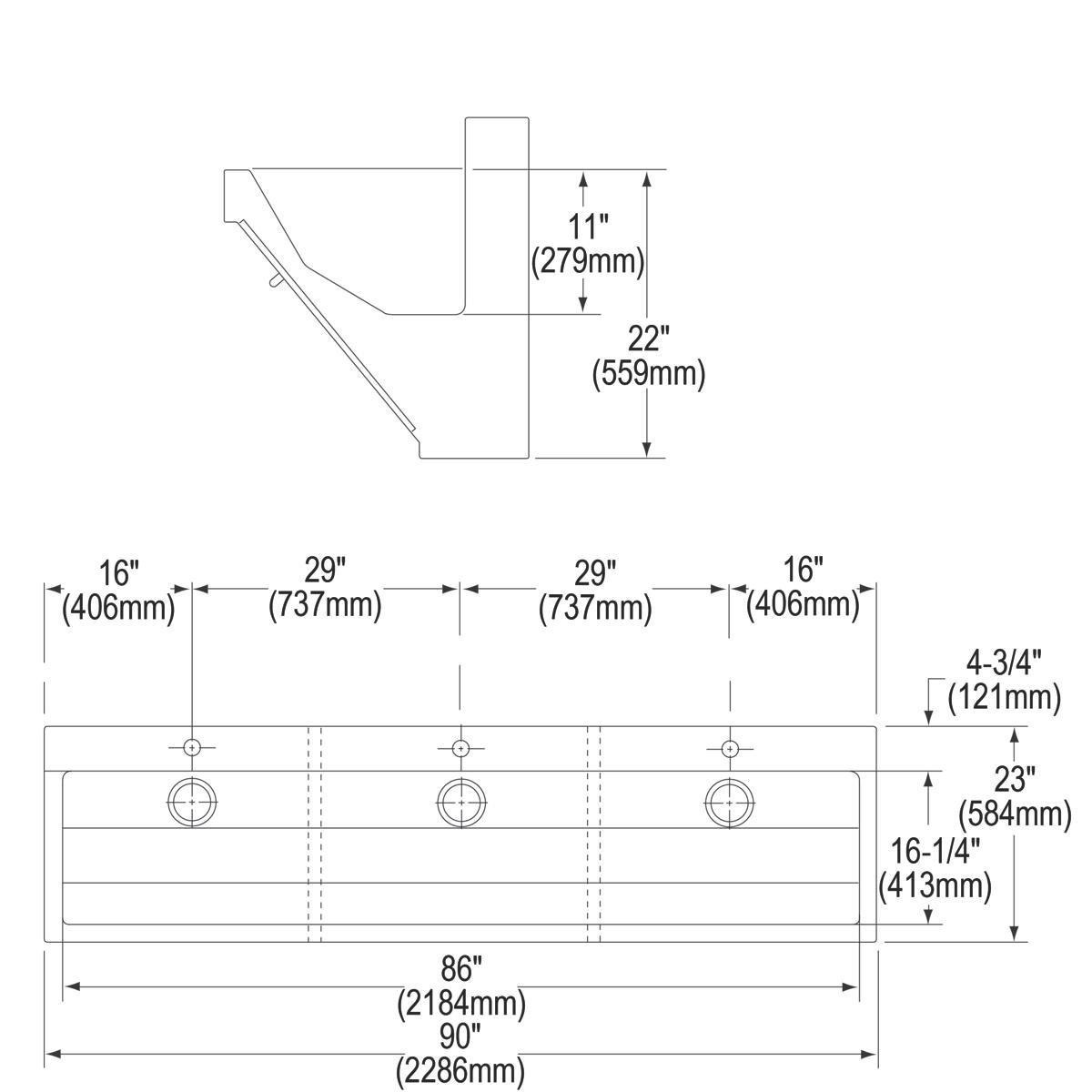Elkay Buffed Satin 90X23 Three Hole Triple Bowl Stainless Steel WM SURG SCRUB SINK 