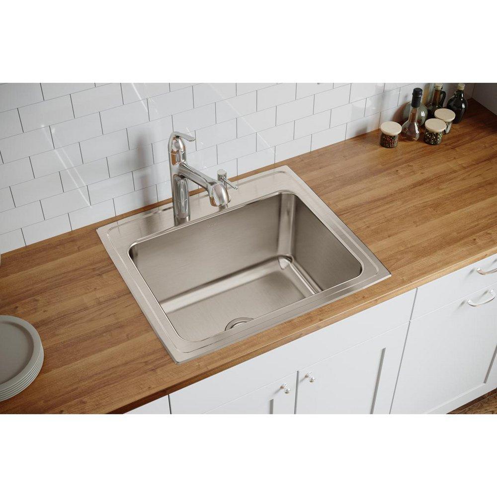 Elkay Lustrous Highlighted Satin 1-Bowl Topmount Kitchen Sink with Center Drain 