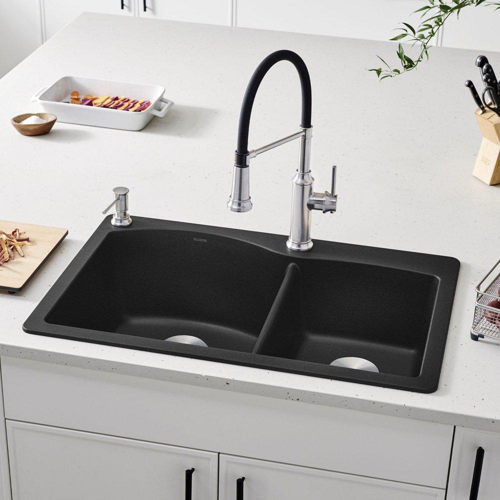 BLANCO Anthracite 33 x 22 in. 1 Hole Composite Double Bowl Dual Mount Kitchen Sink 
