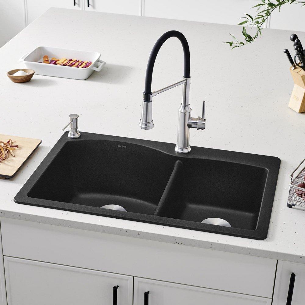 BLANCO Anthracite 33 x 22 in. 1 Hole Composite Double Bowl Dual Mount Kitchen Sink 