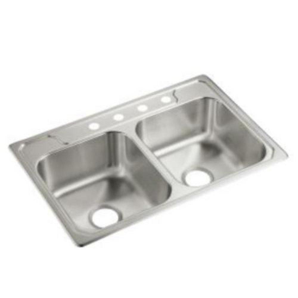 Sterling Satin Stainless Steel 33 x 22 in. 4 Hole Stainless Steel Double Bowl Drop-in Kitchen Sink in Satin Stainless Steel 
