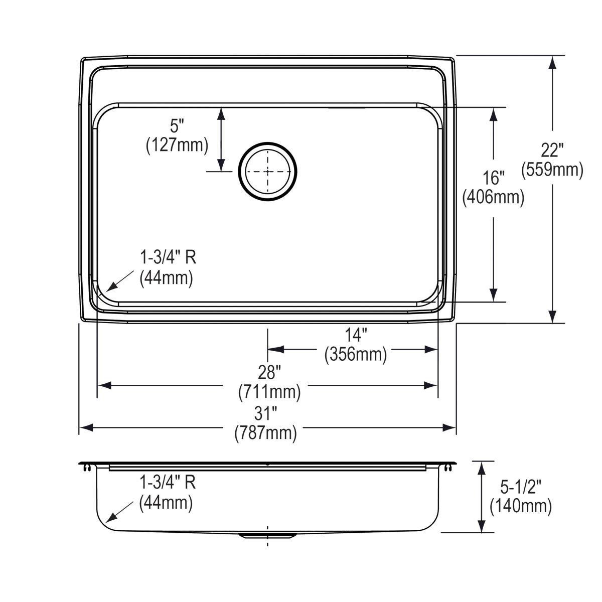 Elkay Lustrous Satin 31 x 22 in. 1 Hole Stainless Steel Single Bowl Drop-in Kitchen Sink 