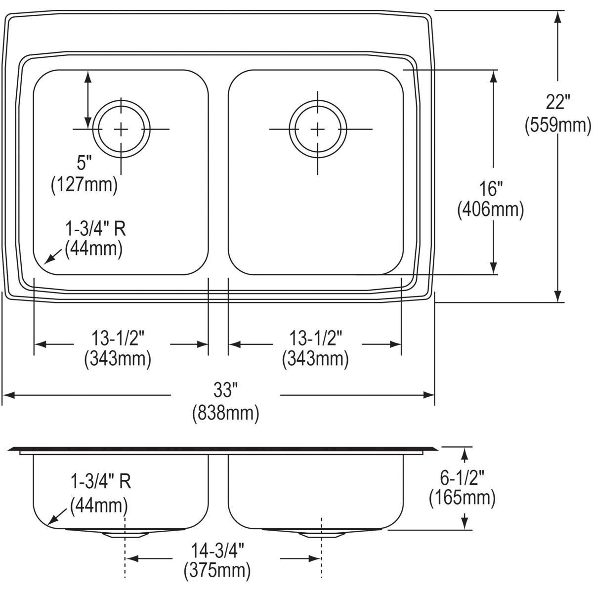 Elkay Lustrous Satin 33 x 22 in. 2 Hole Stainless Steel Double Bowl Drop-in Kitchen Sink 
