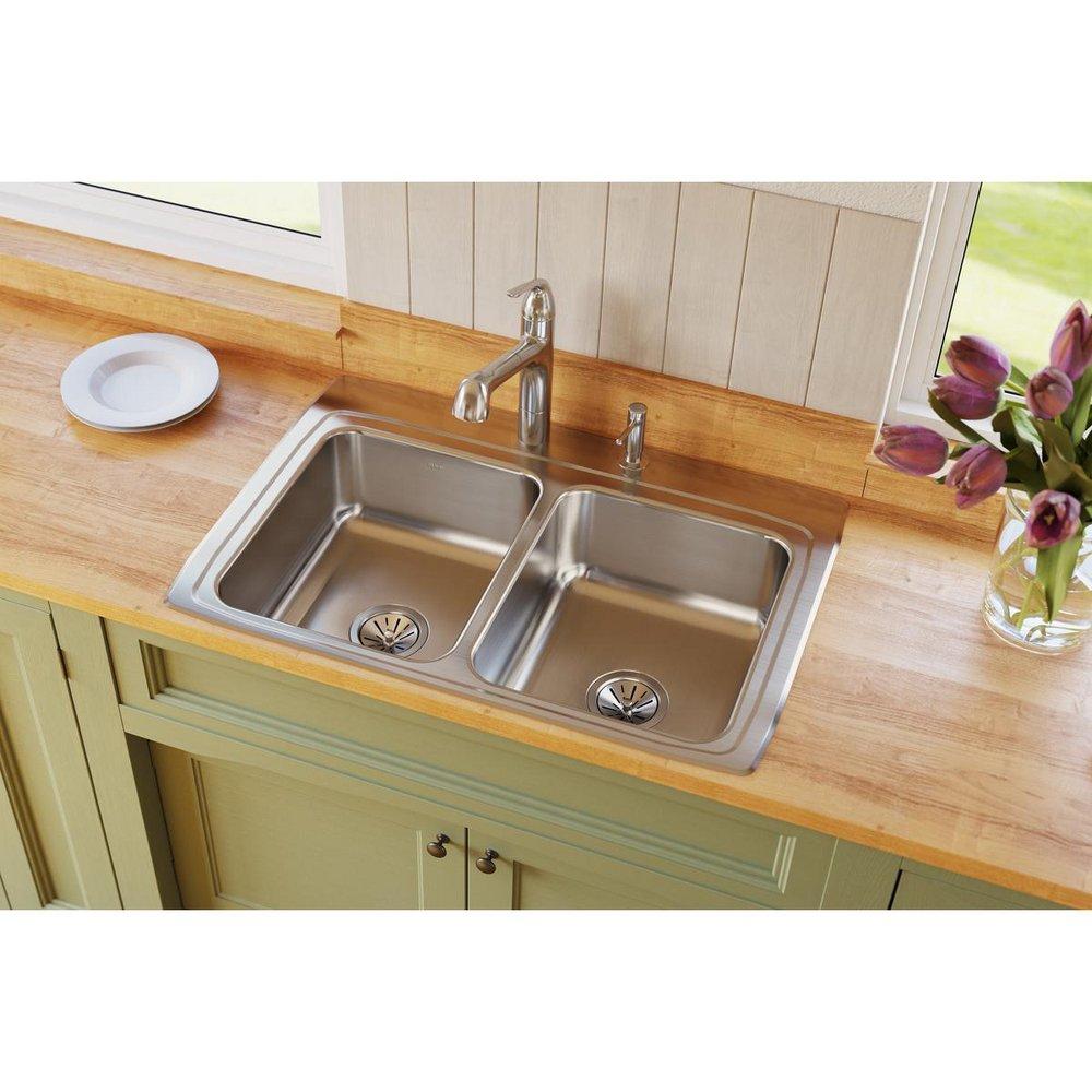 Elkay Lustrous Highlighted Satin 2-Hole Double Bowl Top Mount Kitchen Sink 