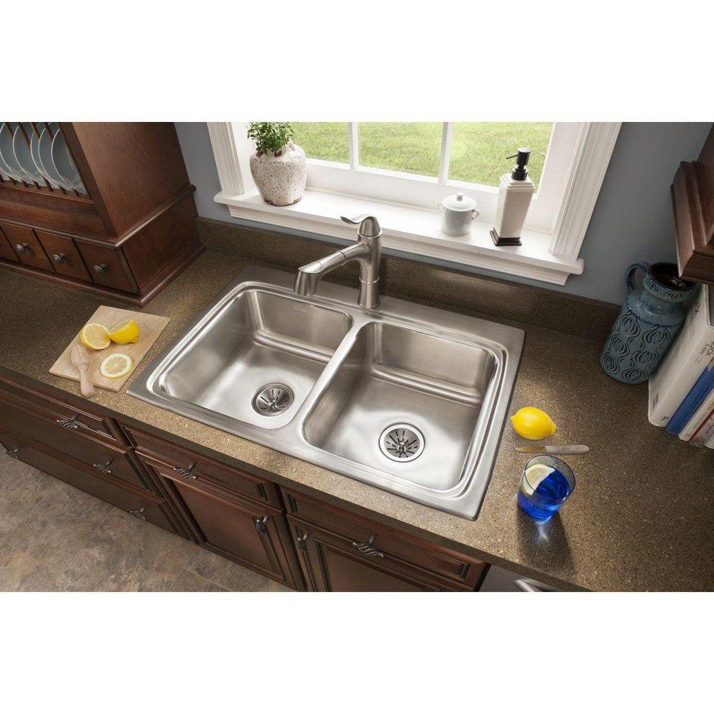Elkay Lustrous Highlighted Satin 2-Hole Double Bowl Top Mount Kitchen Sink 