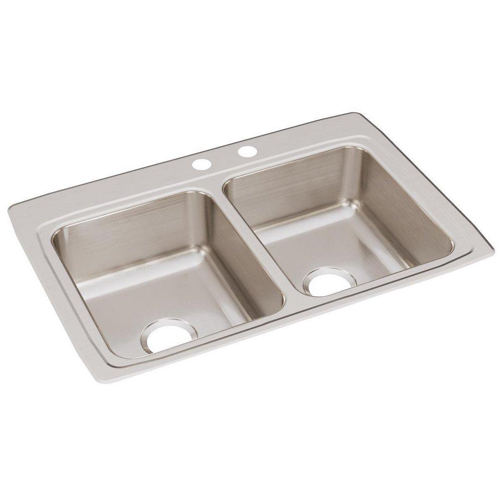 Elkay Lustrous Highlighted Satin 2-Hole Double Bowl Top Mount Kitchen Sink 