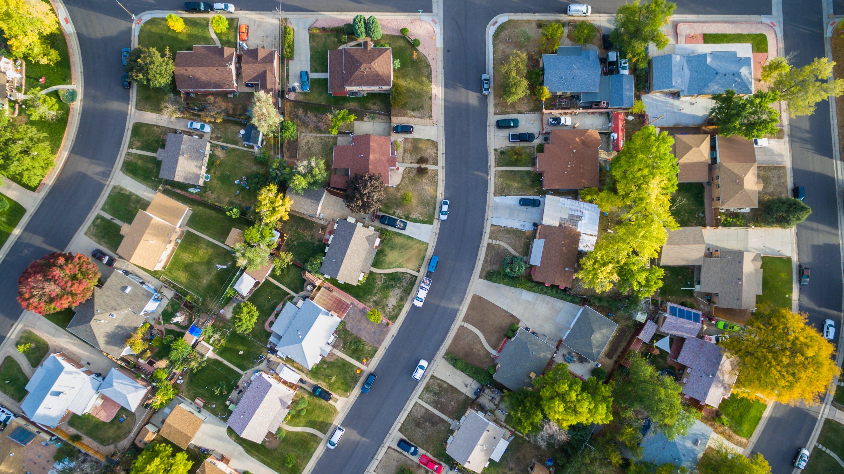 View from above of a suburban neighborhood.