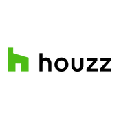 Houzz logo showing a green house next to houzz written lowercase in black text