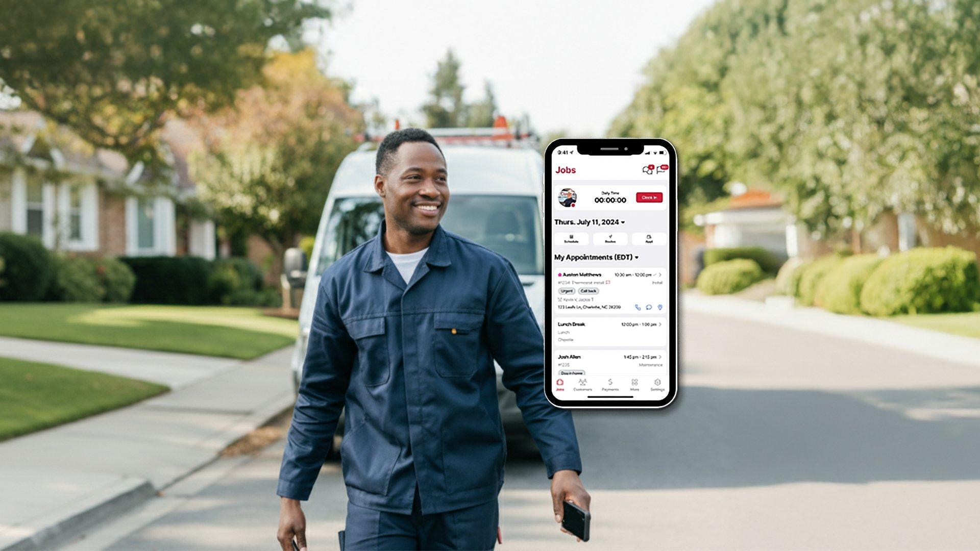 Image of WEX FSM mobile app overtop of man walking down the street in front of work van.