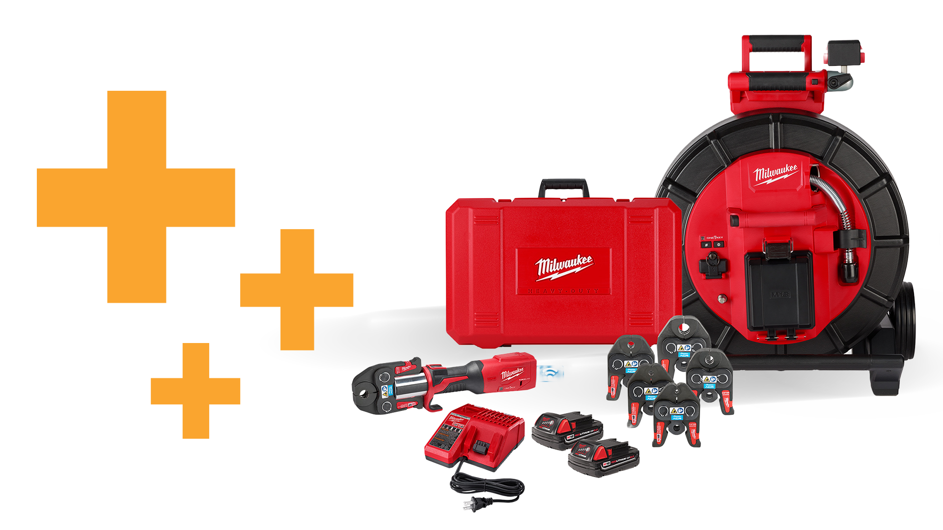 Silo image of Milwaukee power tools and kit next to Ferguson PRO Plus symbol.