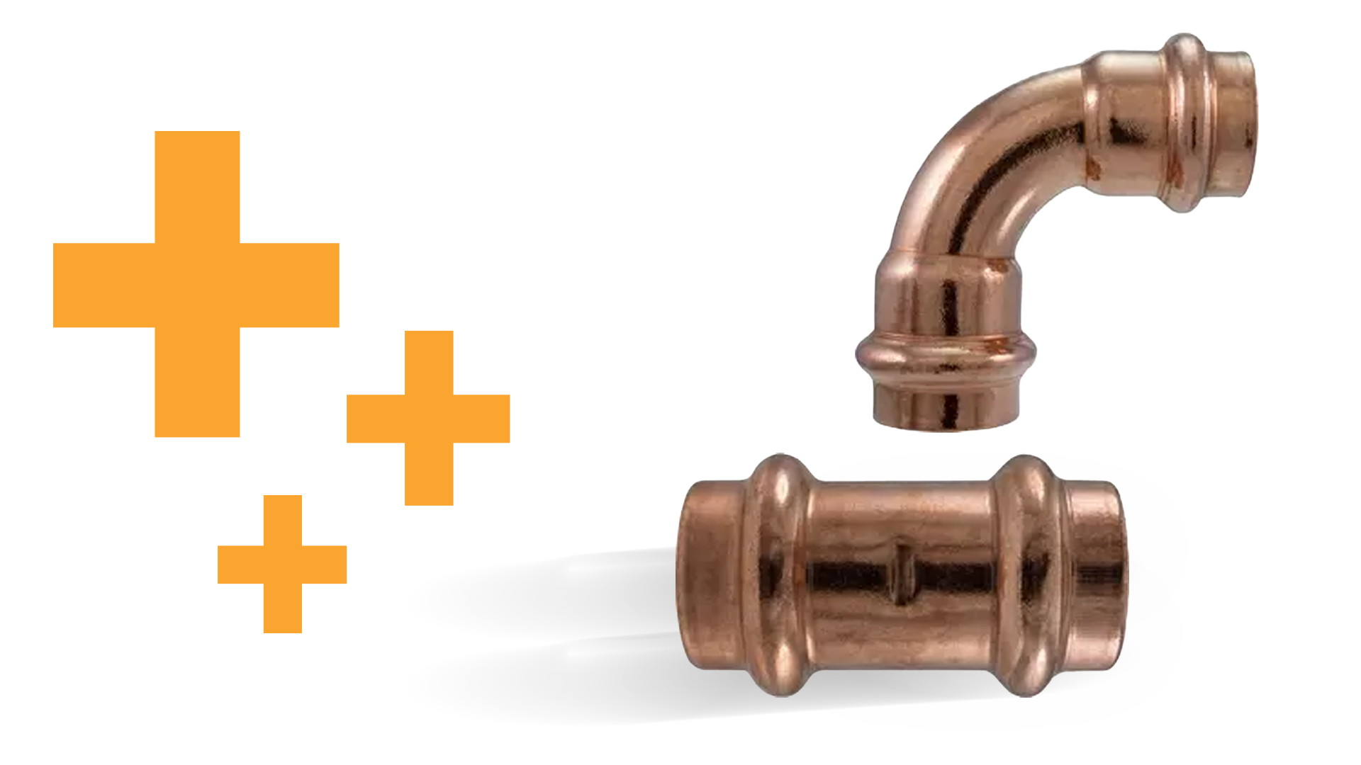 Silo image of 2 PROFLO copper press fittings next to Ferguson PRO Plus symbol.