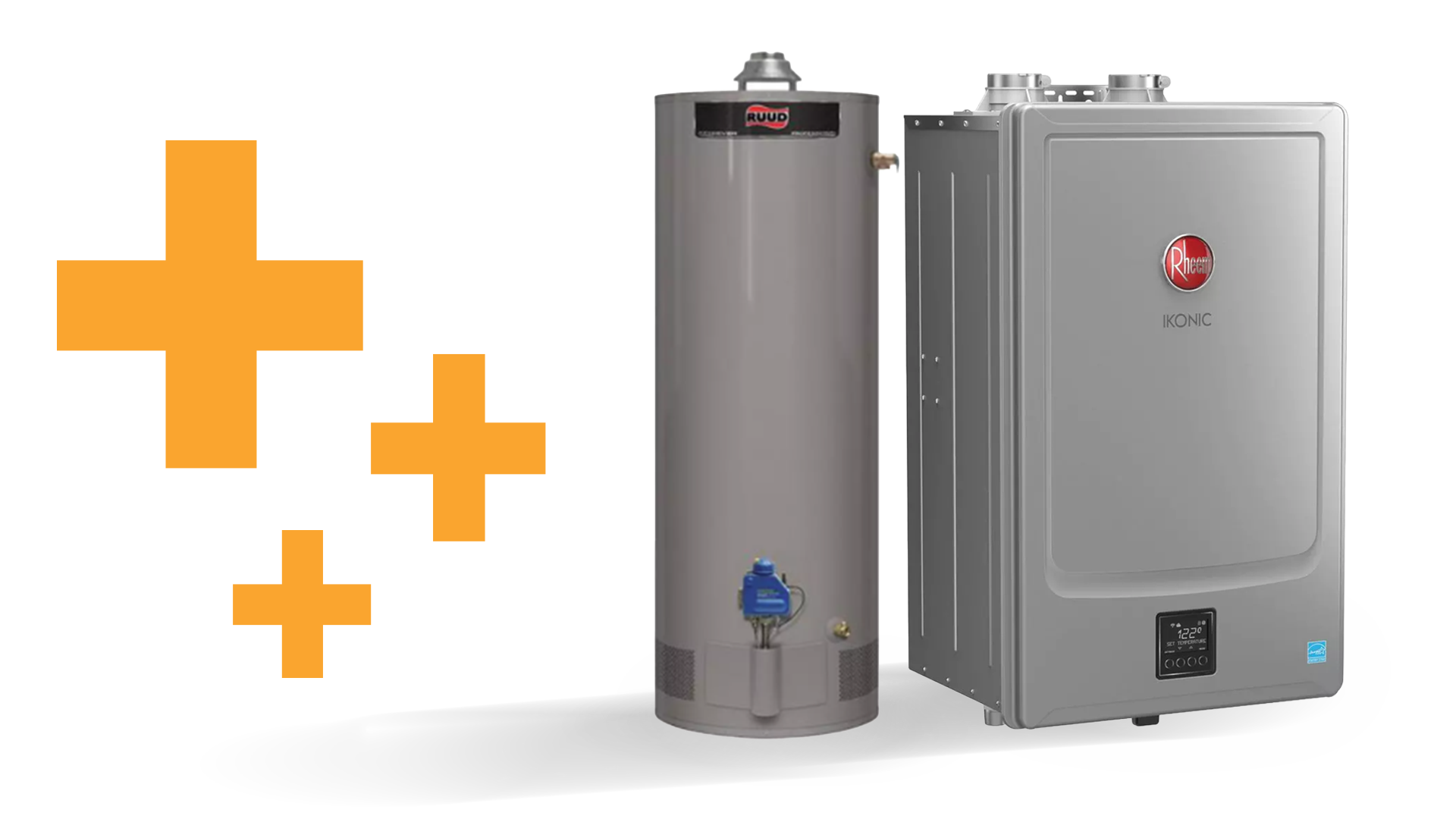 Silo image of Ruud water heaters next to Ferguson PRO Plus symbol.
