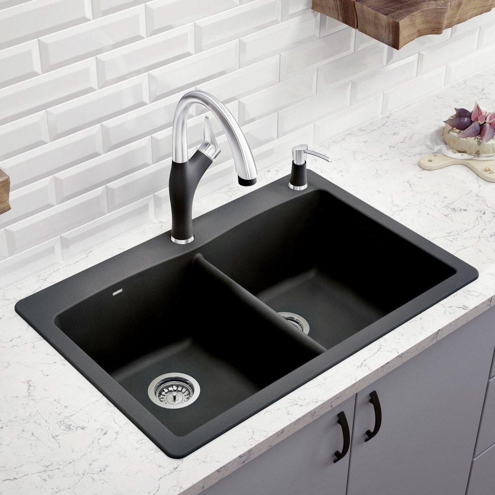 BLANCO Anthracite 33 x 22 in. 1 Hole Composite Double Bowl Dual Mount Kitchen Sink 