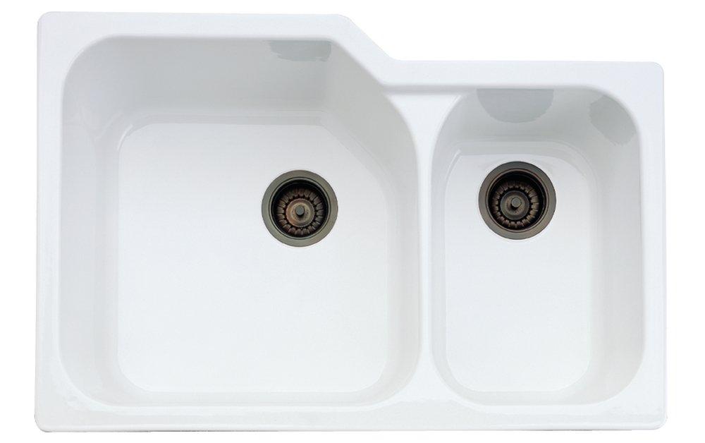 ROHL® White 33 x 22 in. No Hole Fireclay Double Bowl Undermount Kitchen Sink 