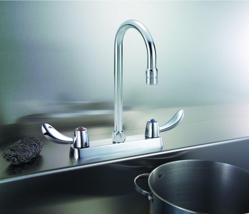 Delta Faucet Chrome 1.5 gpm 3-Hole Gooseneck Kitchen Sink Faucet with Double Hooded Blade Handle 