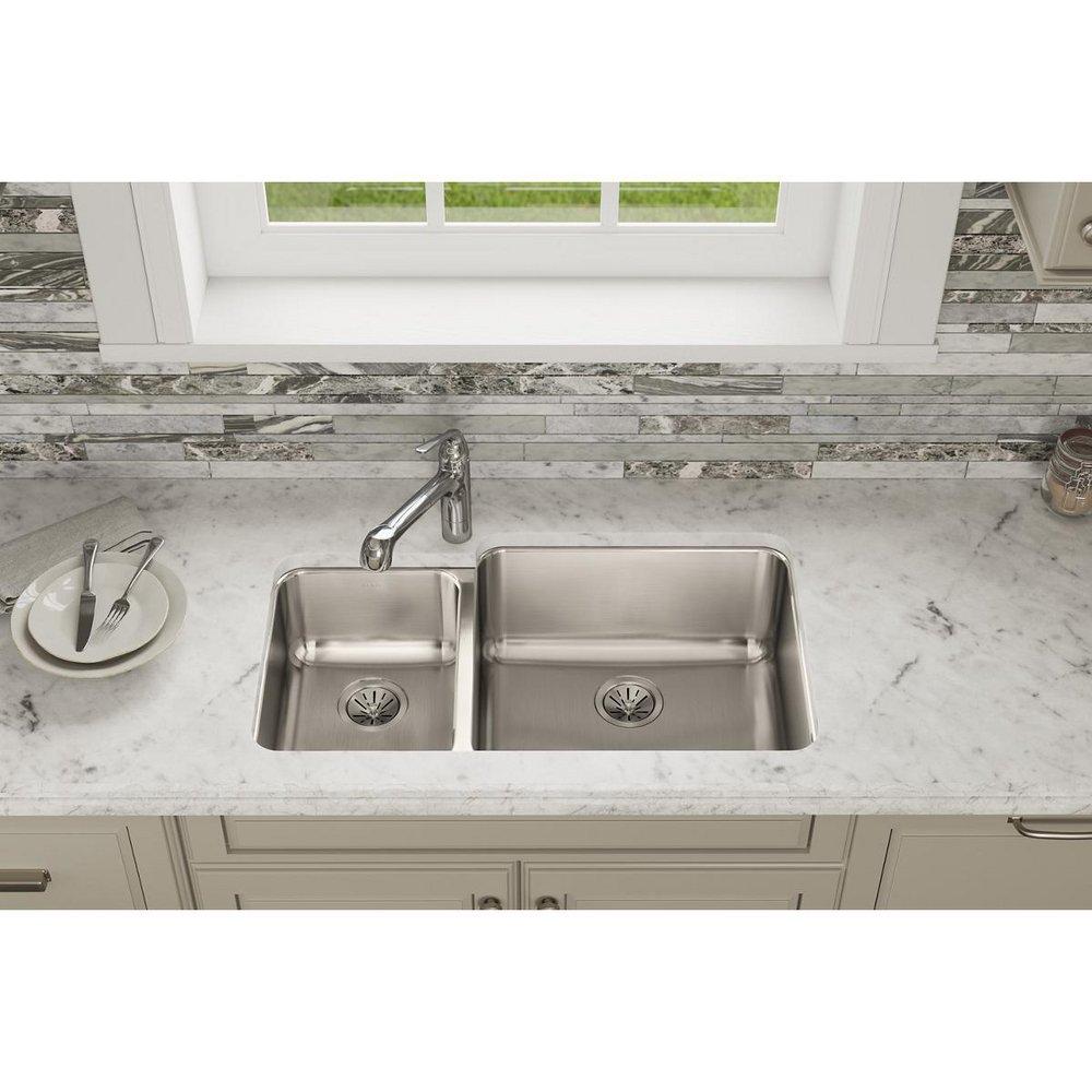 Elkay Lustrous Satin 35-1/4 x 20-1/2 in. No Hole Stainless Steel Double Bowl Undermount Kitchen Sink 