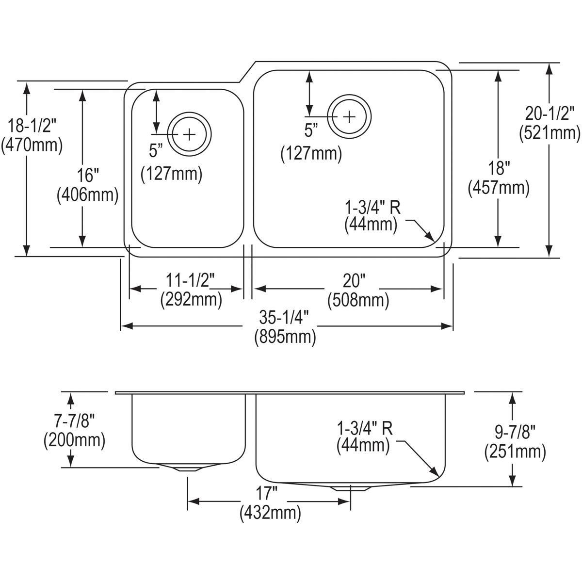 Elkay Lustrous Satin 35-1/4 x 20-1/2 in. No Hole Stainless Steel Double Bowl Undermount Kitchen Sink 