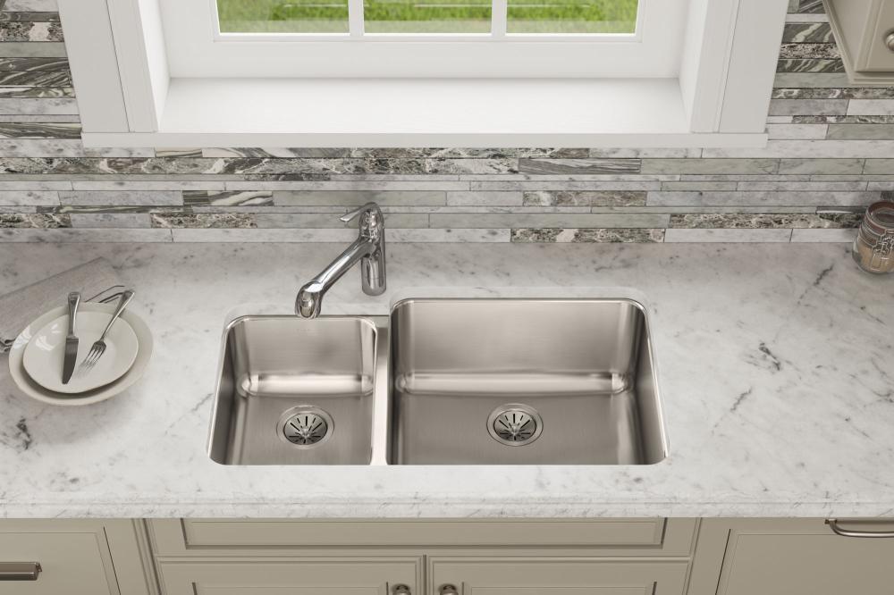 Elkay Lustrous Satin 35-1/4 x 20-1/2 in. No Hole Stainless Steel Double Bowl Undermount Kitchen Sink 