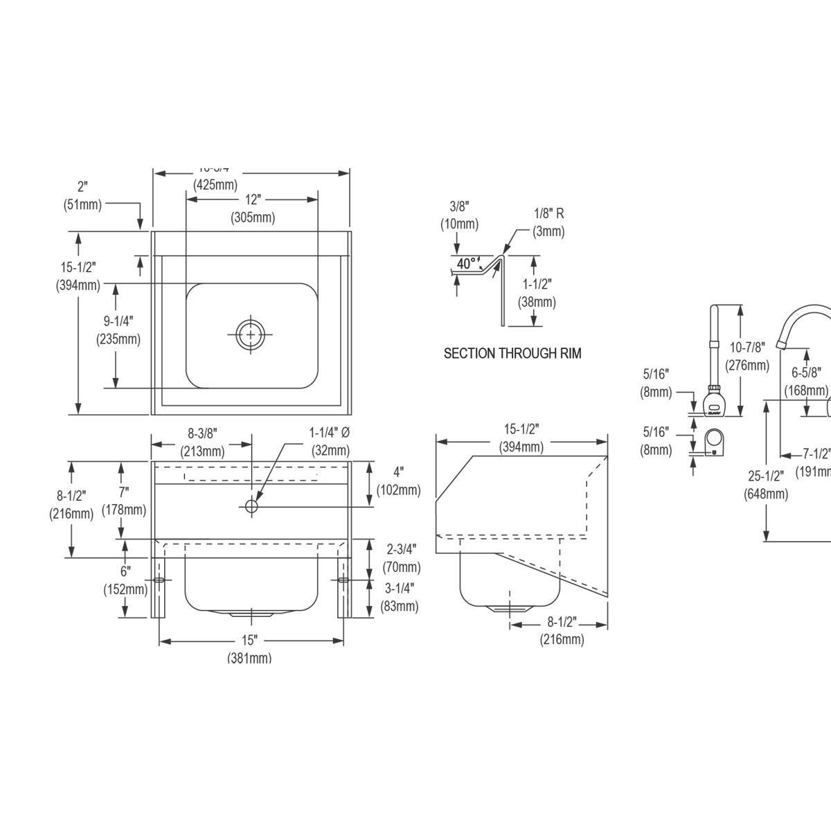 Elkay Buffed Satin 16-3/4 x 15-1/2 in. 1-Hole 1-Bowl Wall Mount 304 Stainless Steel Wall Hung Sink Kit with Sensor 