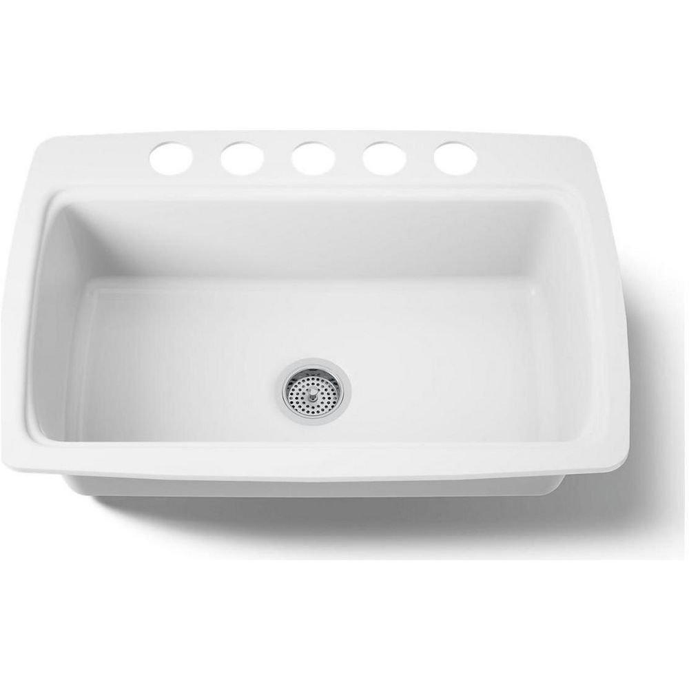 KOHLER White 33 x 22 in. 5 Hole Cast Iron Single Bowl Undermount Kitchen Sink 