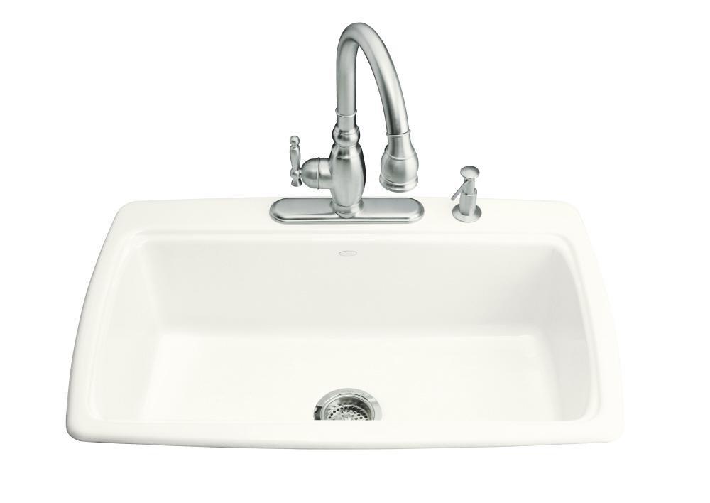 KOHLER White 33 x 22 in. 4 Hole Cast Iron Single Bowl Drop-in Kitchen Sink 