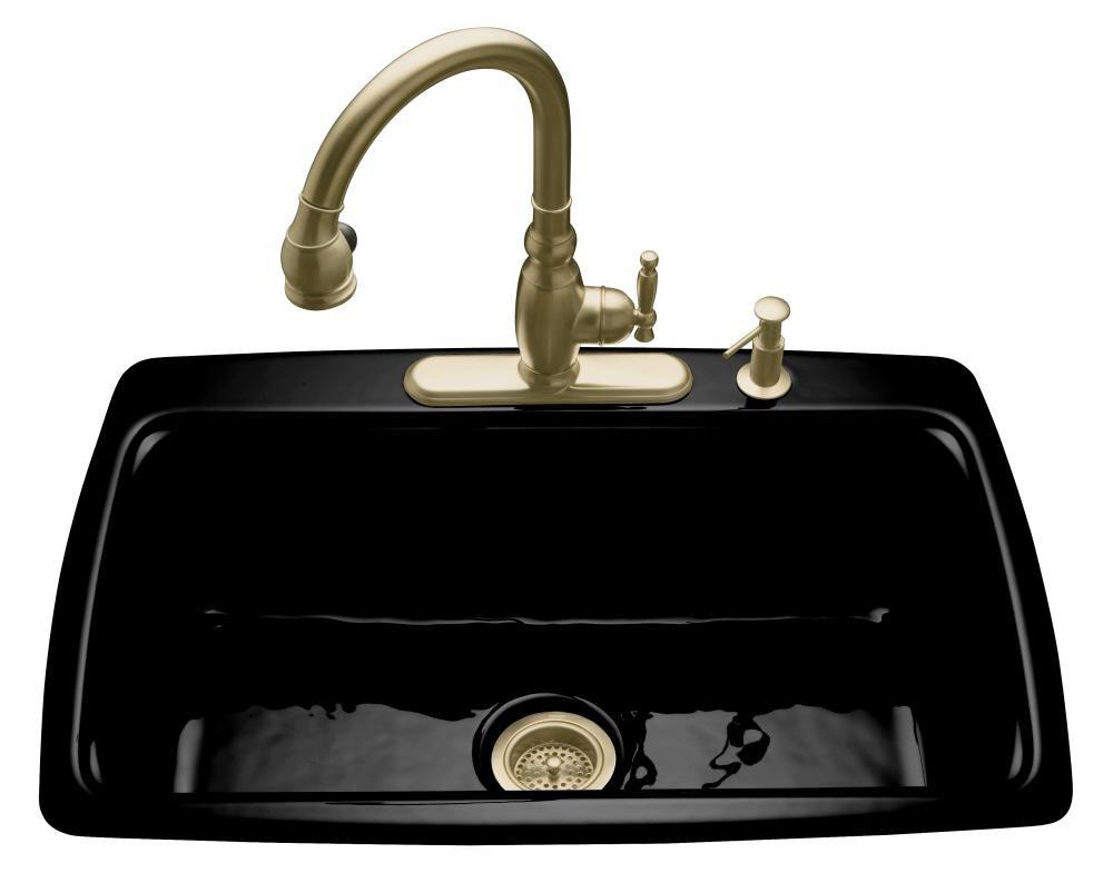 KOHLER Black Black 33 x 22 in. 4 Hole Cast Iron Single Bowl Drop-in Kitchen Sink 