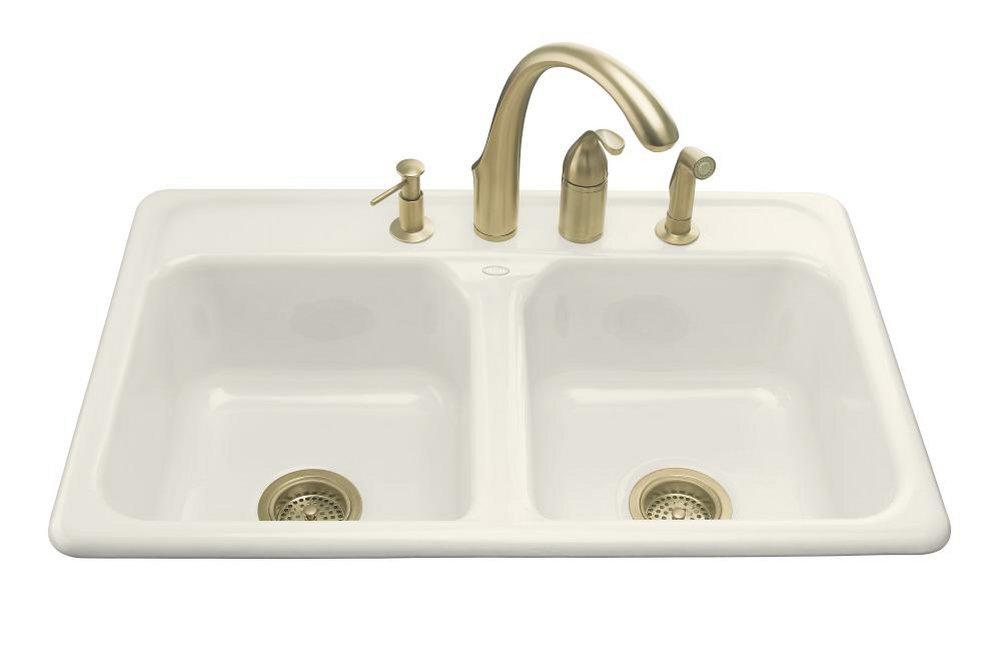KOHLER Biscuit 33 x 22 in. 4 Hole Cast Iron Double Bowl Drop-in Kitchen Sink 