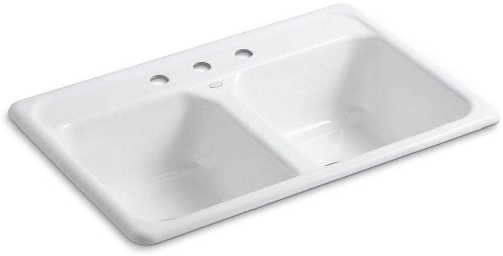KOHLER White 33 x 22 in. 3 Hole Cast Iron Double Bowl Drop-in Kitchen Sink 