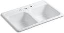 KOHLER White 33 x 22 in. 3 Hole Cast Iron Double Bowl Drop-in Kitchen Sink 