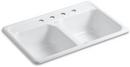 KOHLER White 33 x 22 in. 4 Hole Cast Iron Double Bowl Drop-in Kitchen Sink 
