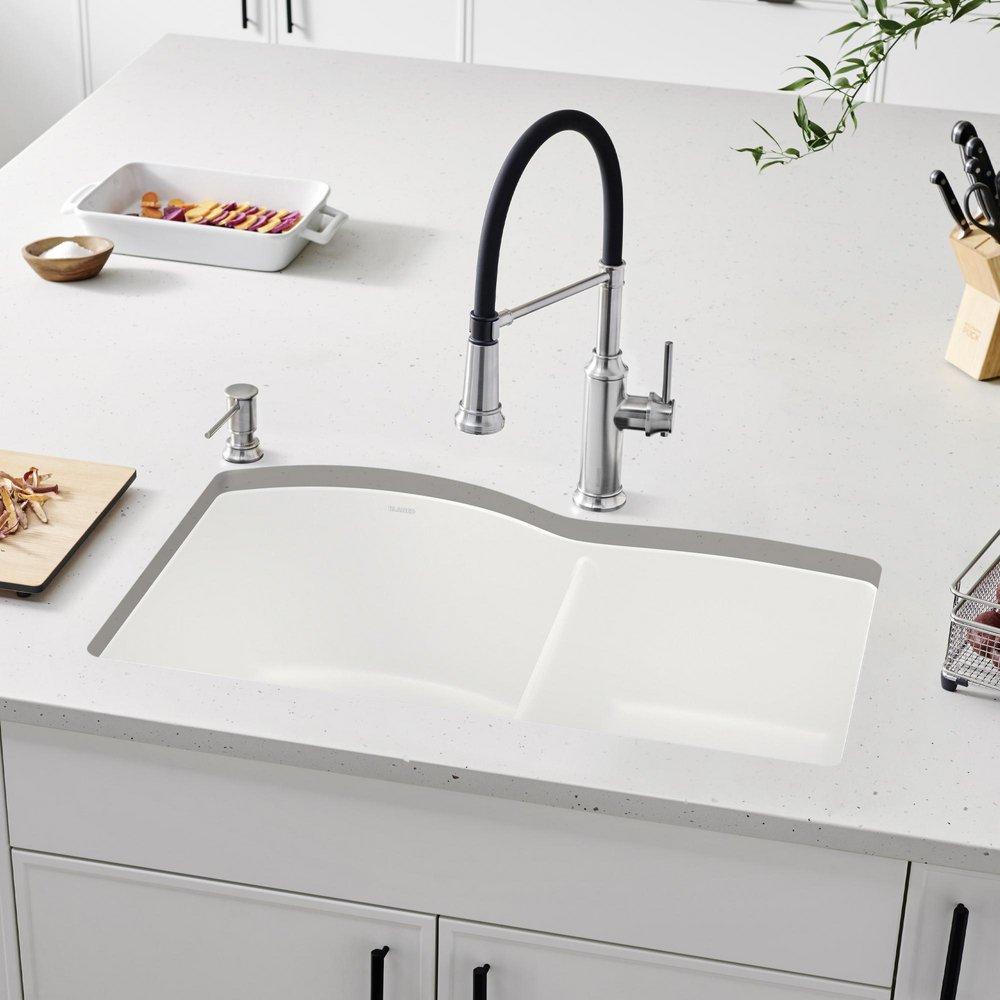 BLANCO White 32 x 20-27/32 in. No Hole Composite Double Bowl Undermount Kitchen Sink 