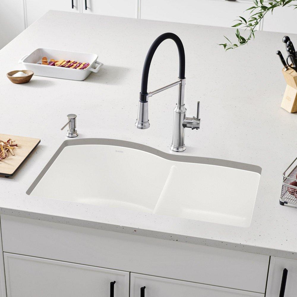 BLANCO White 32 x 20-27/32 in. No Hole Composite Double Bowl Undermount Kitchen Sink 