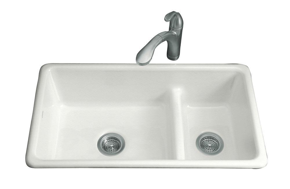 KOHLER Sea Salt&trade; 33 x 18-3/4 in. No Hole Cast Iron Double Bowl Dual Mount Kitchen Sink 