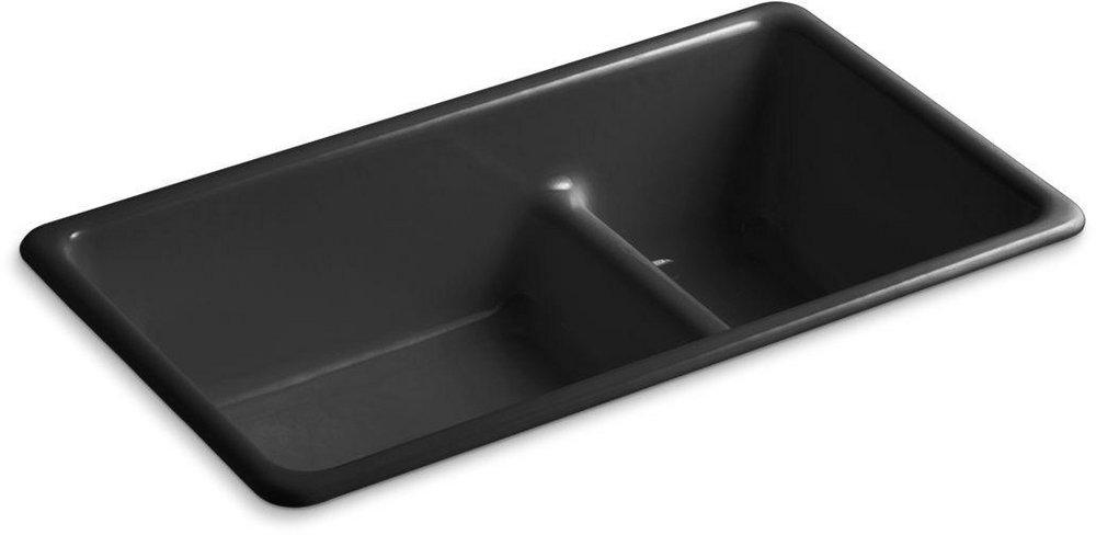 KOHLER Black Black&trade; 33 x 18-3/4 in. No Hole Cast Iron Double Bowl Dual Mount Kitchen Sink 