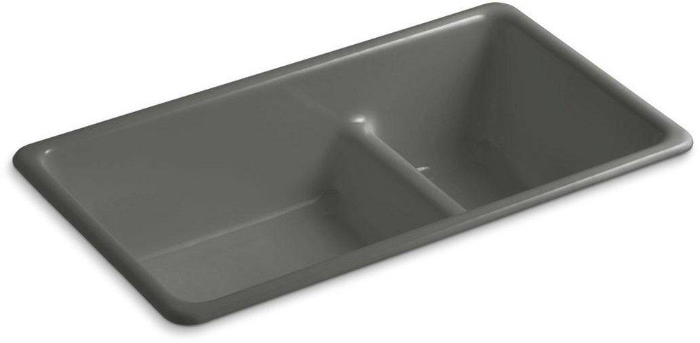 KOHLER Thunder&trade; Grey 33 x 18-3/4 in. No Hole Cast Iron Double Bowl Dual Mount Kitchen Sink 