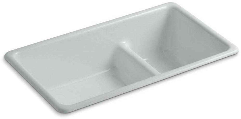 KOHLER Ice&trade; Grey 33 x 18-3/4 in. No Hole Cast Iron Double Bowl Dual Mount Kitchen Sink 