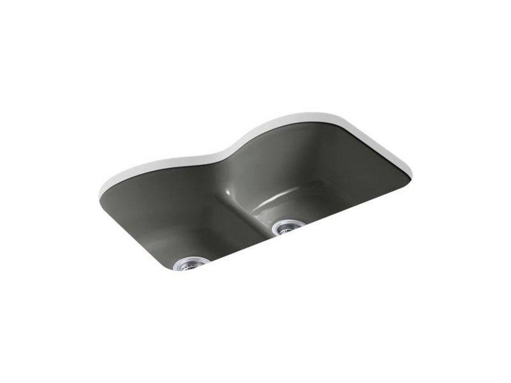 KOHLER Thunder&trade; Grey 33 x 22 in. 5 Hole Cast Iron Double Bowl Undermount Kitchen Sink 