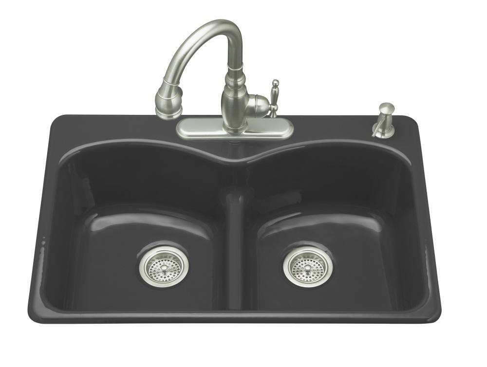 KOHLER Black Black&trade; 33 x 22 in. 1 Hole Cast Iron Double Bowl Drop-in Kitchen Sink 