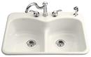 3-Hole Double Equal Kitchen Sink with P-Trap in Biscuit