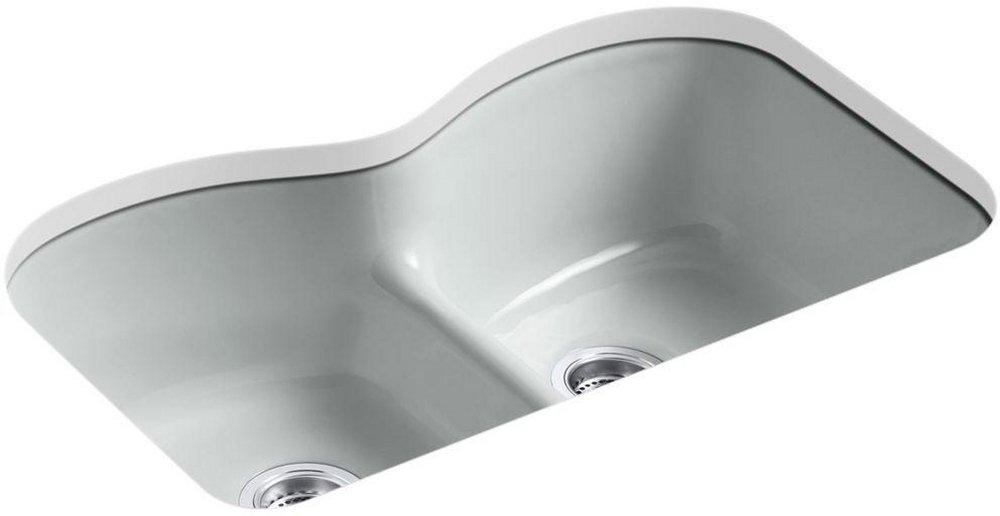 KOHLER Ice&trade; Grey 33 x 22 in. 5 Hole Cast Iron Double Bowl Undermount Kitchen Sink 