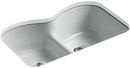 KOHLER Ice&trade; Grey 33 x 22 in. 5 Hole Cast Iron Double Bowl Undermount Kitchen Sink 